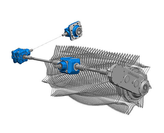 Getriebesatz, u. a. mit unseren Standard-Kegelradgetrieben – z. B. für den Antrieb der Schneidrotoreinheit und einer Horizontalwalze in einem Ladewagen.